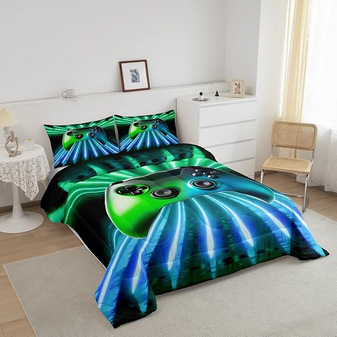 Erosebridal Green Blue Gamepad Comforter Set, Game Player Bedding Set King Size Modern Gamer Gaming Quilted Duvet Neon Trippy Duvet Set for Kids Boys Girls Teens Young Man Room Decorative