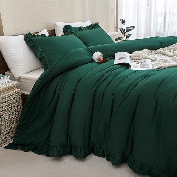 Andency California King Comforter Set Dark Green (104x96Inch), 3 Pieces Cal King Ruffle Comforter, Oversized Farmhouse Shabby Chic Bed Comforter, Lighteweight and Soft Microfiber Bedding Set
