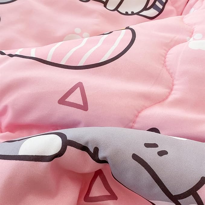 7 Piece Girls Cats Comforter Set Twin Size Bed in A Bag Pink Cute Cartoon Pet Cat Bedding Set for Kids Boys Teens (1 Comforter, 1 Flat Sheet, 1 Fitted Sheet, 4 Pillow Sham) Gray