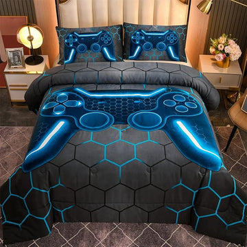 NTBED Game Console Comforter Set for Boys Girls Kids 3D Gaming Geometric Lightweight Microfiber Bedding Sets (blue, Queen)