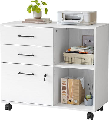FEZIBO 3-Drawer Mobile File Cabinet, Lateral Filing Cabinet with Lock, Printer Stand with Open Storage Shelves for Home Office, Filing Cabinets for Home Office, White