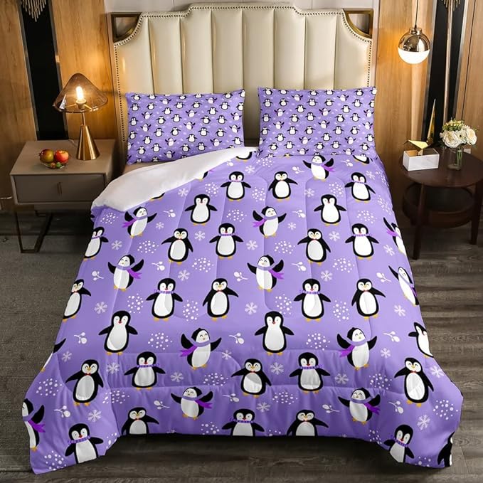 Penguin Comforter Set Twin Size Kawaii Penguin Down Comforter Antarctic Animal Bedding Set for Kids Boys Girls Teens Cartoon Cute Winter Quilt Set Snowflake Pattern Duvet Set Room Decor, Purple