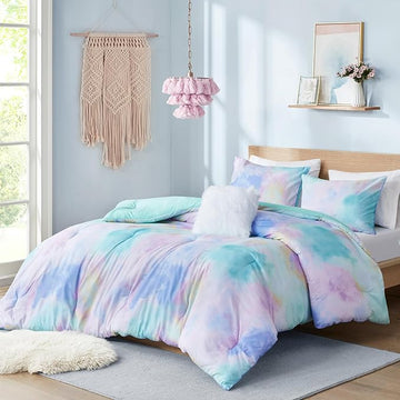 Intelligent Design King Size Comforter Set, Watercolor Queen Bedding Sets, Tie Dye Comforter Set for Teen Girl & Boys, 4 Pieces Cassiopeia Comforter, Sham, Throw Pillow King/Cal King Pink/Blue