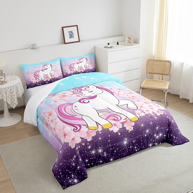 Unicorn Comforter Set Full, Kids Unicorn Floral Bedding for Girls Boys Children Bedroom Decor, Cherry Blossoms Glitter Down Comforter Galaxy Kawaii Quilt Set with 2 Pillowcases, Blue Purple Ombre