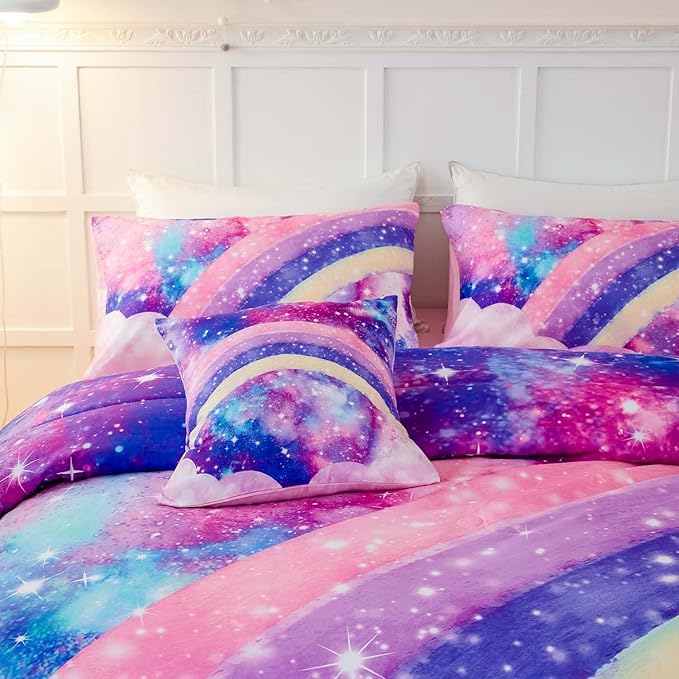 6 Pcs Tie Dye Pink Twin Comforter Set for Girls, 3D Rainbow Galaxy Gradient Themed Bed in A Bag, Pastle Nebula Kids Bedding Set with Sheets, Comforter and Pillowcases for All Season