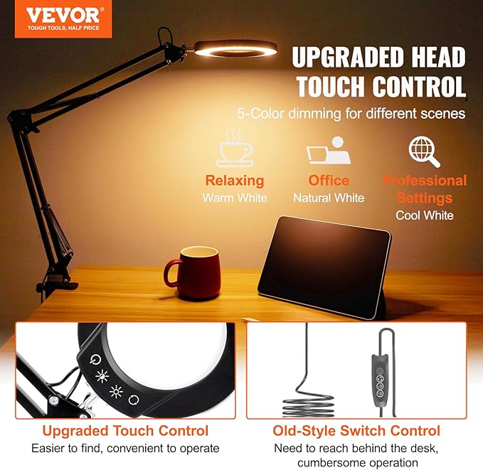 VEVOR Magnifying Glass with Light, 5X Magnifying Lamp, 4.3" Glass Lens, Desk Magnifier with Light, 64 LED Lights 5 Color Modes, with Clamp for Close Work, Reading, Repair Crafts