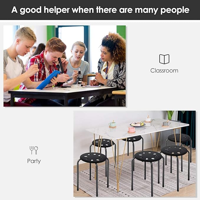 Hysache Plastic Stackable Stools Set of 6, 17.5" Multipurpose Stool Chairs w/Metal Frame, X-Shape Connection, Non-Slip Feet, Backless School Classroom Nesting Stool for Students Child Kids (Black)