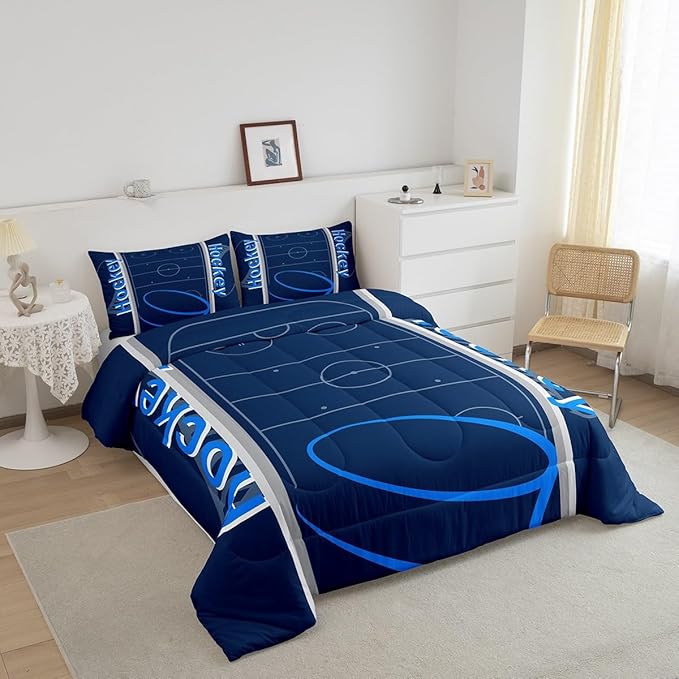 Feelyou Kids Hockey Player Comforter Set Full Size Ice Hockey Bedding Set for Boys Girls Teens Bedroom Decor Ice Sports Games Comforter Puck Hockey Duvet Set with 2 Pillow Case