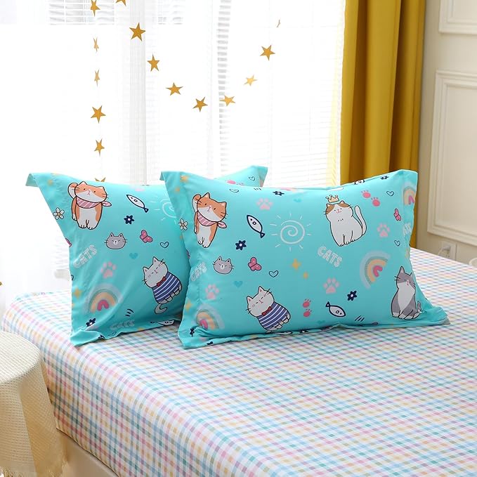 Kawaii Cats Comforter Set Twin Size for Girls Boys Kids Teens 7 Piece Cute Animal Fish Butterfly Bed in A Bag Cartoon Rainbow Star Sun Heart Bedding Set All Season Lightweight
