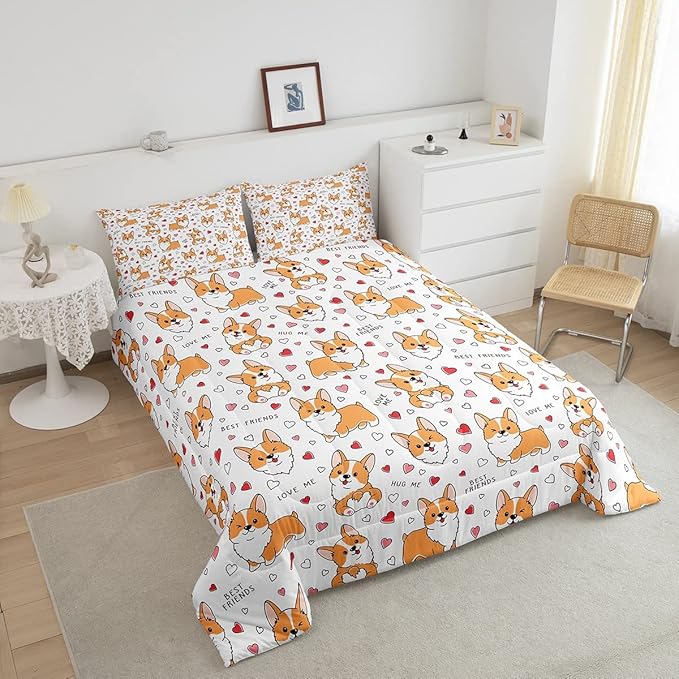 Feelyou Kids Kawaii Corgi Comforter Set Toddler Cute Dog All Season Down Comforter Boys Girls Cartoon Puppy Dog Bedding Set Lovely Animal Quilt Set Room Decor 3Pcs with 2 Pillow Case Queen Size