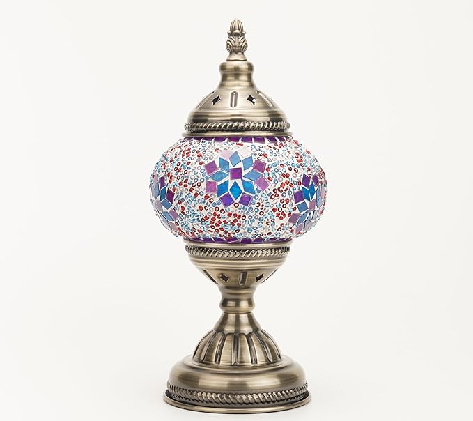 Turkish Moroccan Table Lamp Lantern with Handmade Mosaic Glass Lampshade Tiffany style Bohemian Stained Glass Decorative Desk Lamps Bedside Night Lights for Bedroom (Multi-colored 1)