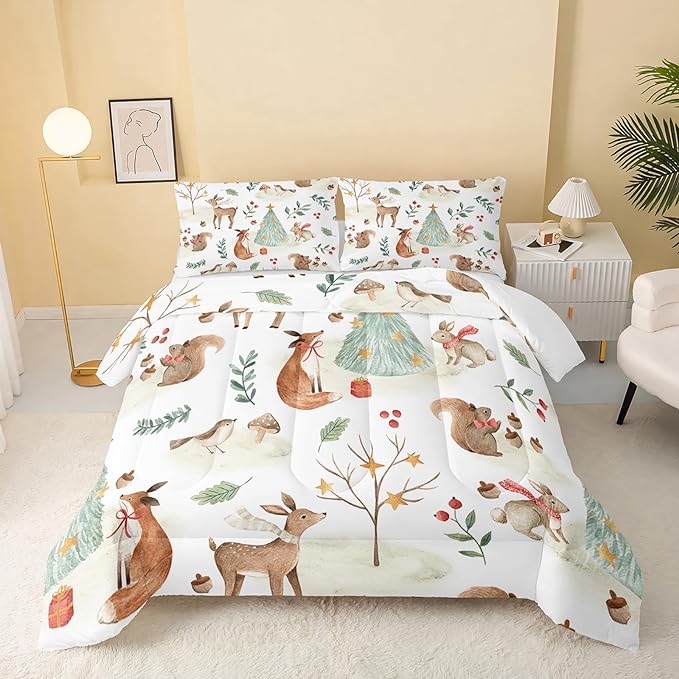 Wild Animal Comforter Full Size,Rabbit Deer Comforter Set for Kids Teens Girls Boys,3Pcs Bedding Set Printed Comforter with 2 Pillowcases,Down Alternative,Soft and Lightweight，Full Size