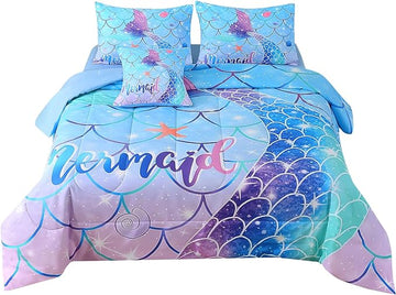 JQinHome Mermaid Comforter Set Queen Size, 6 Piece Mermaid Tail Bed in A Bag,3D Colorful Mermaid Bedding Set for Girls Kids, Sparkle Teal Bedroom Decor Bedding Set with Sheets (Blue)