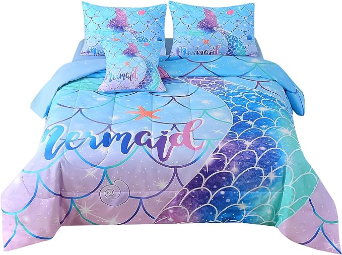 JQinHome Mermaid Comforter Set Queen Size, 6 Piece Mermaid Tail Bed in A Bag,3D Colorful Mermaid Bedding Set for Girls Kids, Sparkle Teal Bedroom Decor Bedding Set with Sheets (Blue)
