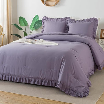 Andency Grayish Purple Ruffle Comforter King, 3 Pieces Solid Farmhouse Shabby Chic Comforter, Lightweight Soft Microfiber Vintage Rustic Bedding Sets All Season (104x90Inch Comforter)