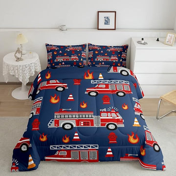 Cartoon Car Bedding Set Fire Truck Comforter Set for Kids Boys Girls Teens Room Decor Firefighter Comforter Firemen Car Vehicle Fire Engine Blue Red Duvet Set 3Pcs King Size Boys