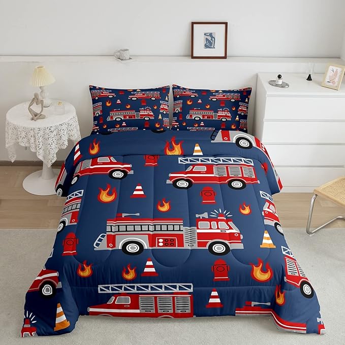 Cartoon Car Bedding Set Fire Truck Comforter Set for Kids Boys Girls Teens Room Decor Firefighter Comforter Firemen Car Vehicle Fire Engine Blue Red Duvet Set 3Pcs Queen Size
