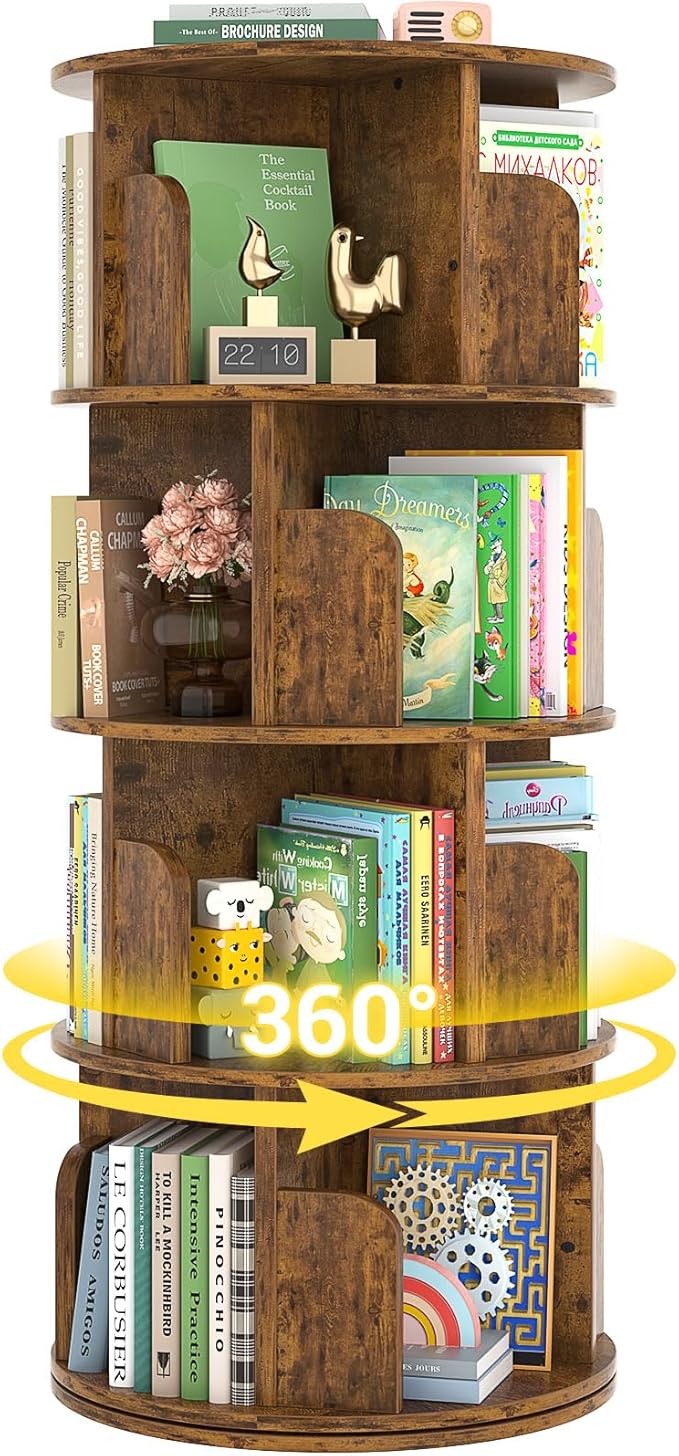 Rotating Bookshelf, Corner Bookshelf, 360 Display Wood Spinning Bookcase Storage Rack, Floor Standing Revolving Bookcase Narrow Book Shelf Organizer for Small Space, Bedroom, Rustic Brown