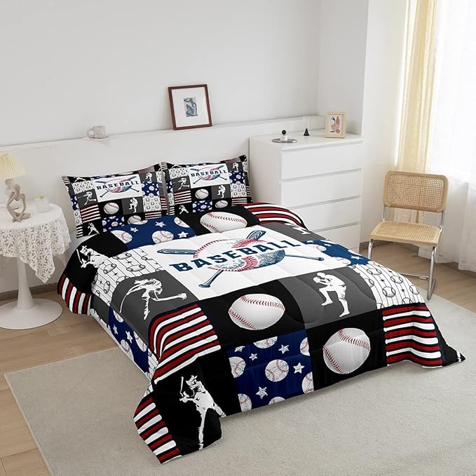 Teen Boy Sports Baseball Twin Bedding Set,Kids Baseball Athlete Comforter Set,Grunge Hippie Tie Dye Ball Bed Comforter Sets Room Decor Patchwork Pattern 1 Pillow Case（Red Blue Black White Grey）