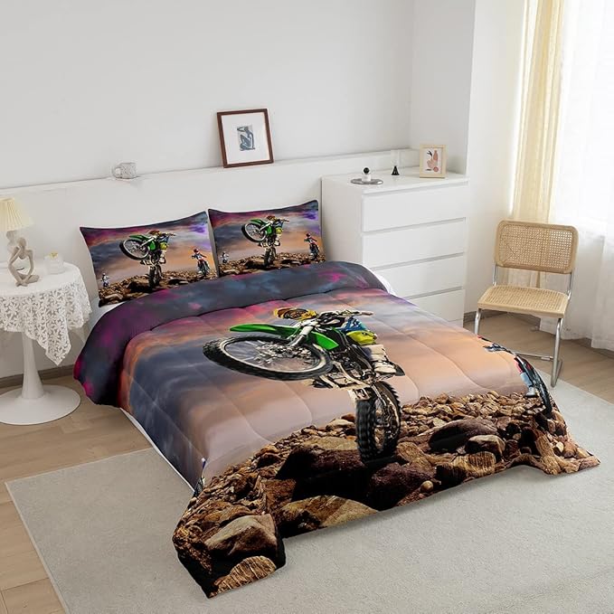 Dirt Bike Comforter Set for Boys Bedroom Motocross Rider Extreme Sports Duvet Insert Mountain Bike Bedding Quilted Set Kids Motorcycle Motorbike Down Comforter,Soft Lightweight for All Season,Twin XL