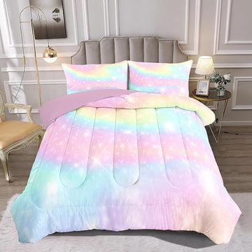 Kids Comforter Bedding Set 5 Piece Super Soft Breathable Print Kids Bedding Sets for Girls, Washable Durable Comforter Set with Comforter, Shams, Sheet, 2 Pillowcases (Gradient Color)