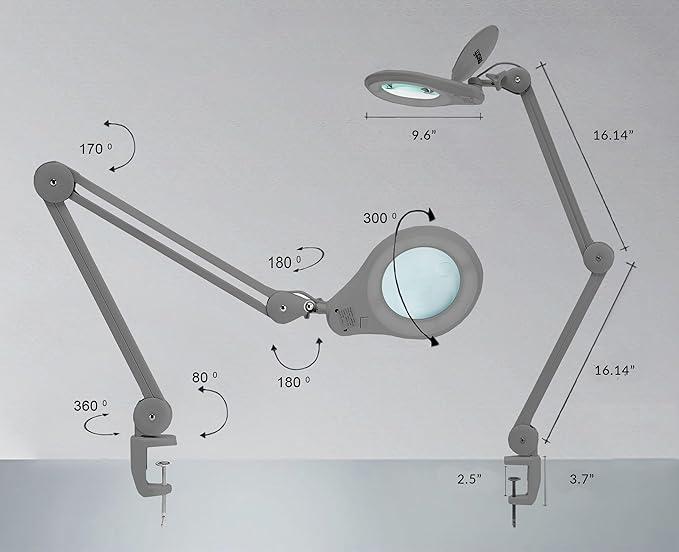 Neatfi (New Model) Bifocals 1,200 Lumens Super LED Magnifying Lamp with Clamp, 5D + 20D, Dimmable, 60 Pcs SMD LED, 5 Inches Diameter Lens, Adjustable Arm Utility Clamp (5 Diopter + 20 Diopter, Silver)