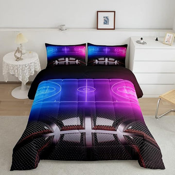 Erosebridal Sports Basketball Comforter Set for Boys Girls Neon Basketball Court Bedding Set King,Kids Ball Competitive Games Comforter Soft Lightweight Quilt Duvet Set 2 Pillow Cases Bedroom Decor