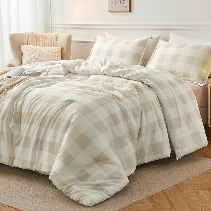 Andency Beige Grid Comforter Set Full Size (79x90 Inch), 3 Pieces(1 Grid Comforter and 2 Pillowcases), Summer Lightweight Microfiber Down Alternative Beige Comforter