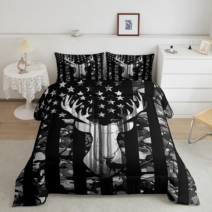 Black Grey Camo Comforter Set Queen,Camouflage American Flag Bedding Set, Deer Antlers Silhouette Quilt Set 3 Pcs for Kids Teens Adults Room Decor,Wild Animal Natural Duvet Insert with 2 Pillowcases