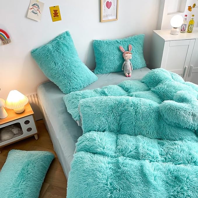 Faux Fur Kids Girls Sky Blue Comforter Sets Twin/Full - 3PC Bed Set Warm Comfortable Soft Plush Flannel Velvet Fluffy Fuzzy Bedding（Comforter x 1 Pillowcases x 2）