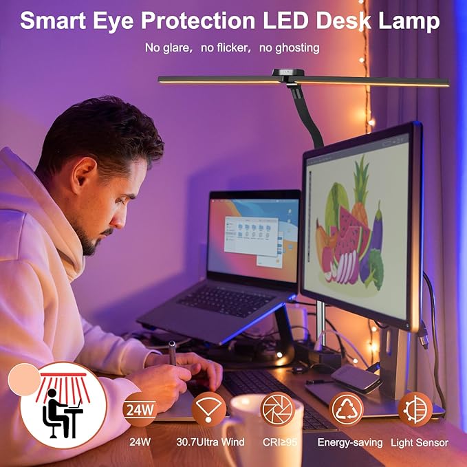 Led Desk Lamp for Office Home - Bright Double Head Desk Light with Clamp,Architect Task Lamp Gooseneck Smart Light: 24W 5 Color Flexible Adjustable Lighting Table Lamp for Study Drafting