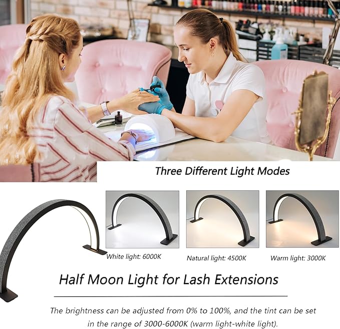 Half-Moon Nail Desk Lamp for Professionals, Lash Light Led Nail Tech Lamp, Desk Lamp for Lash Eyelash Extension,Manicure Light Led,Black,22IN