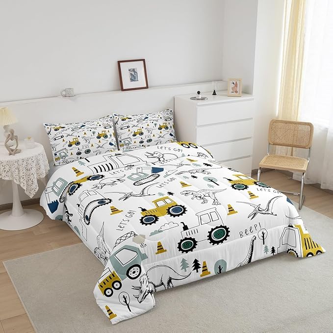 Construction Comforter Set Full Size Kids Cartoon Car Excavator Tractor Toddler Comforter Equipment Trucks Dinosaur Comforter Set Construction Vehicles White Yellow Duvet Set Quilt Set