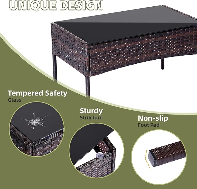 Patio Furniture Set,4 Piece Garden Conversation Set, Outdoor Wicker Rattan Table and Chairs, Black Patio Set, Sectional Sofa with Thick Cushion for Garden, Yard, or Porch (Brown/Blue)