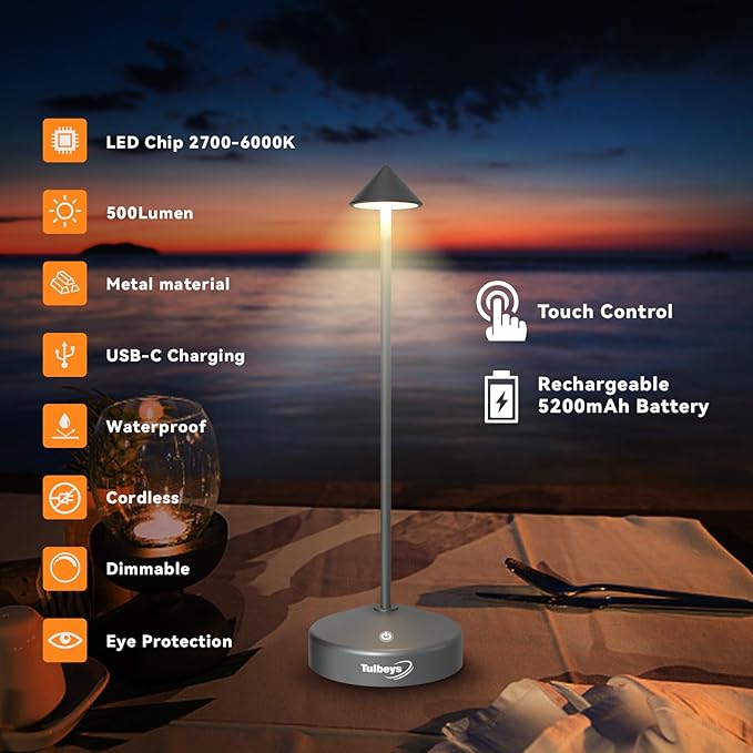 Cordless Table Lamp, Portable LED Desk Lamp 5200mAh Battery Operated, Waterproof Outdoor Lamp with Contact Charging Base, 13.8'' touch lamp for Home/Office/Bars/Coffee Shop Night Light (Grey