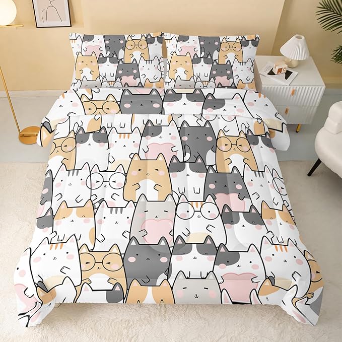 Kawaii Cat Comforter King Size,Cats Comforter Set for Kids Teens Girls Boys,3Pcs Bedding Set Printed Comforter with 2 Pillowcases,Down Alternative,Soft and Lightweight，King Size