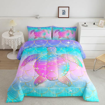 Erosebridal Mermaid Scales Comforter Set for Girls, Tortoise Reptile Bedding Set King Size, Sea Turtle Ocean Life Duvet Sets for Kids Children Boys Women, Sweet Girly Down Comforter, Teal Blue
