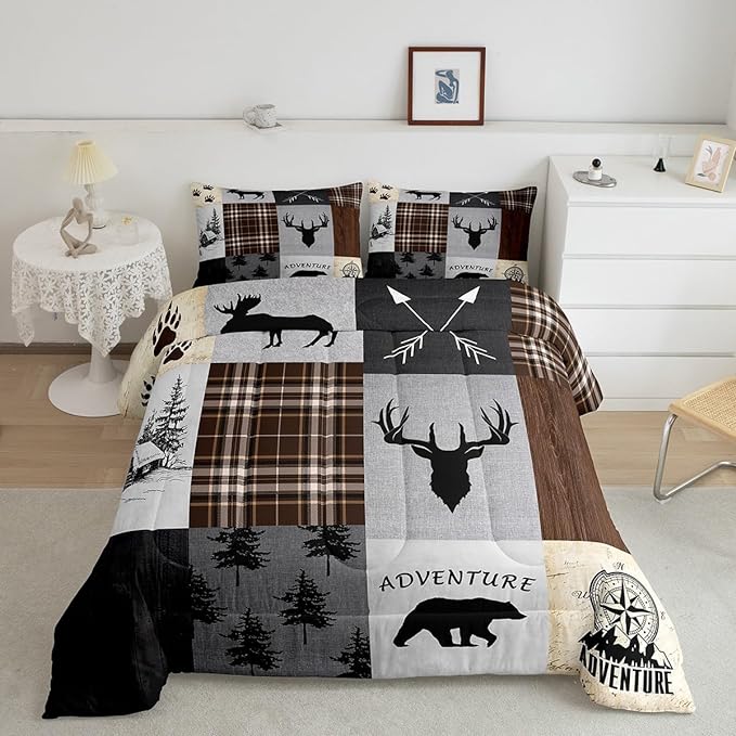 Deer Antler Comforter Set Full Size,Bear Paw Pine Trees Rustic Farmhouse Bedding Set for Boys Girls Adults Room Decor,Geometric Plaids Arrows Down Comforter,Brown Retro Duvet Insert,2 Pillowcases