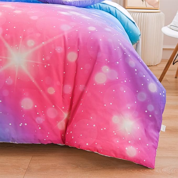 A Nice Night 6Pcs Gradient Glitter Bedding Set for Girls, Colorful Rainbow Galaxy Comforter Set, Ultra Soft Bedding Sets (Pink-Blue,Twin 6Pcs)