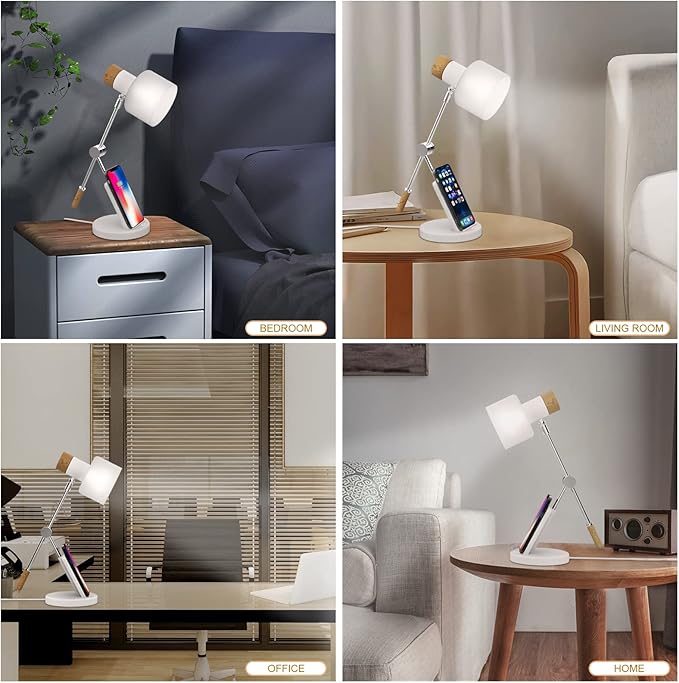 LED Desk Lamp, 180° Adjustable Desk Lamp for Home Office, Swing Arm Dimmable LED Table Lamp with Wireless Charger for Table Bedside Home Office Study, 6500K, 7W