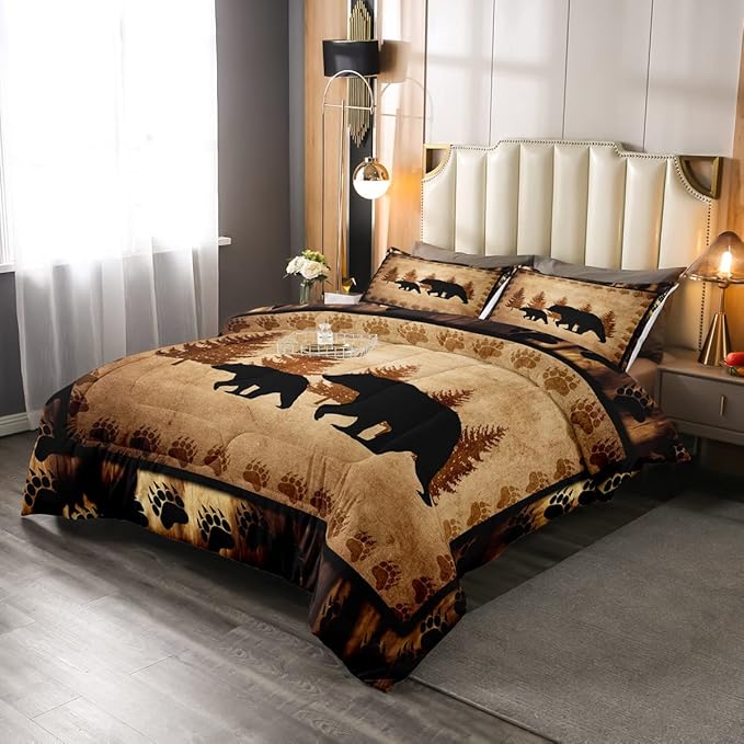 Bear Comforter Set Full Size Farmhouse Wild Animal Comforter Retro Bear Family Bedding Set for Kids Boys Girls Brown Bear Paws Duvet Set Rustic Bedroom Decor Quilted Set 3Pcs