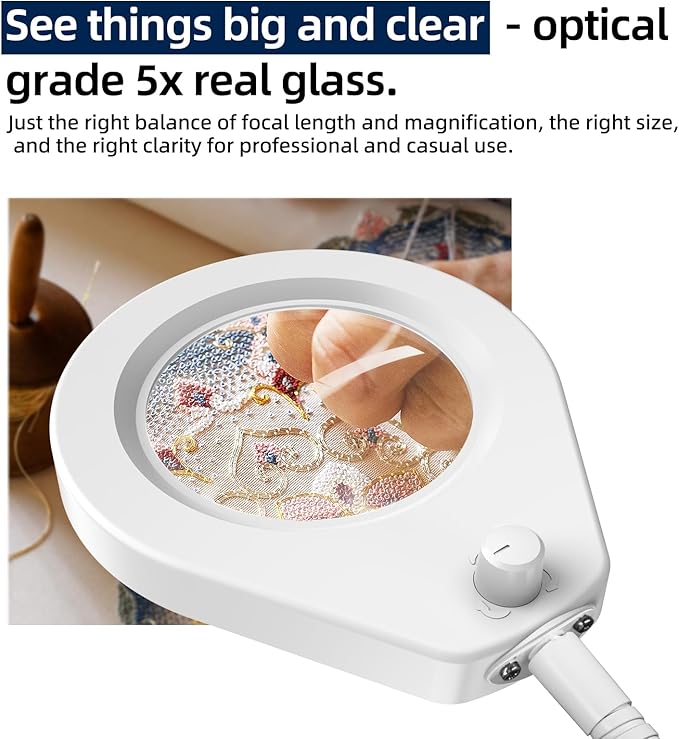 5X Magnifying Glass with Lights and Clamp, 4.2'' 5X Real Glass Magnifier Desk Lamp, w/Flexible Gooseneck Handsfree for Craft Workbench Hobby - New Rotary Switch Design