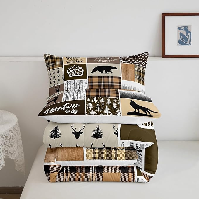 Rustic Farmhouse Kids Comforter Set Full Size,Deer Antlers Bear Paws Plaids Patchwork Bedding Set for Boys Girls Adults Room Decor,Pine Trees Xmas Down Comforter,Brown Duvet Insert,2 Pillowcases