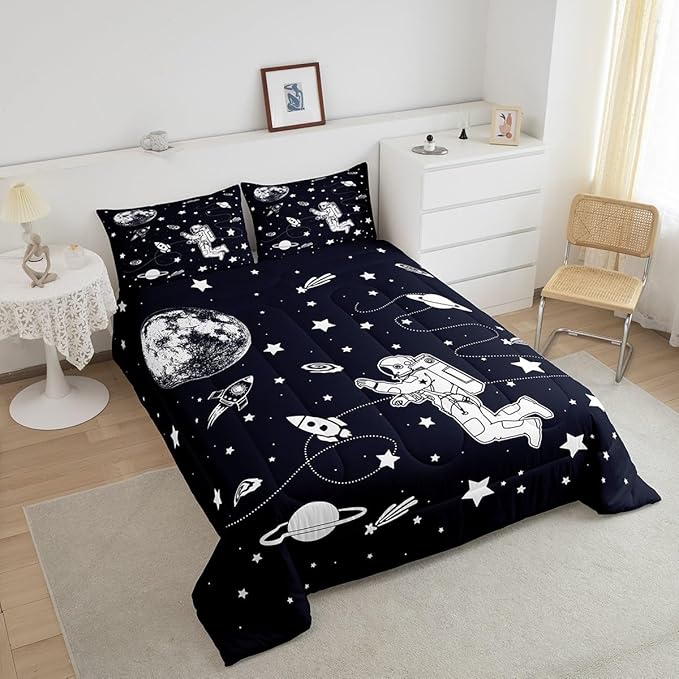 Feelyou Solar System Comforter Set Full Size Outer Space Comforter for Kids Teens Adults Universe Planets Bedding Set Cute Astronaut Blue White Duvet Set Room Decor 3Pcs with 2 Pillow Case