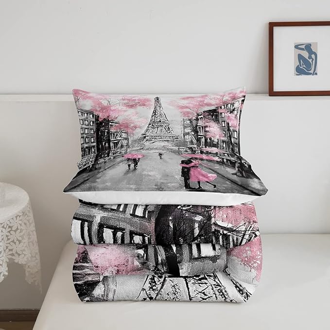 Paris Comforter Set French Eiffel Tower Bedding Sets Twin for Girls Kids Women Paris Themed Bedroom Decor Watercolor Cherry Blossoms Comforter Couple Retro Gray Building Quilted Duvet Pink Grey 2 Pcs