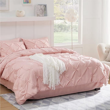 Bedsure King Size Comforter Set - Bedding Set King 7 Pieces, Pintuck Bed in a Bag Pink Bed Set with Comforter, Sheets, Pillowcases & Shams