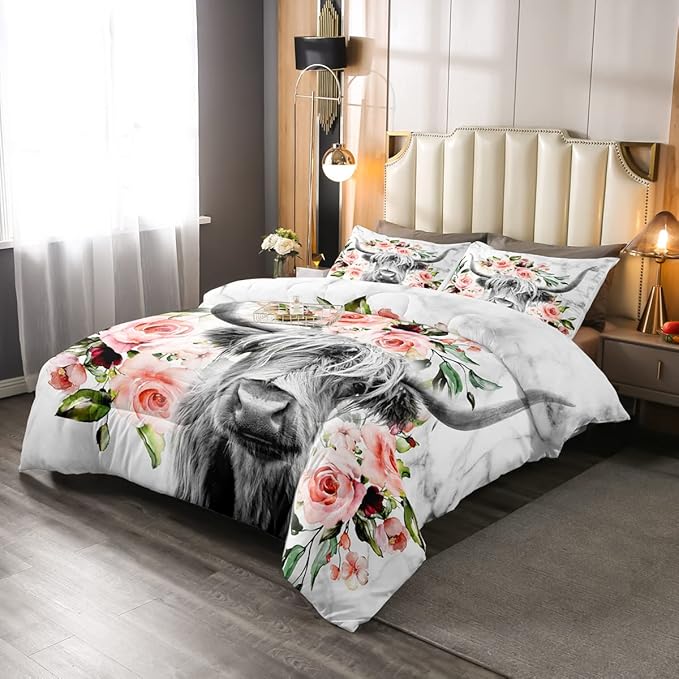 Erosebridal Highland Cow Flower Comforter Set King Size Bull Cattle Bedding Set Western Funny Animal Bedding Set Wildlife Farmhouse Cow Quilt Set Rose Grey Marble Comforter Set