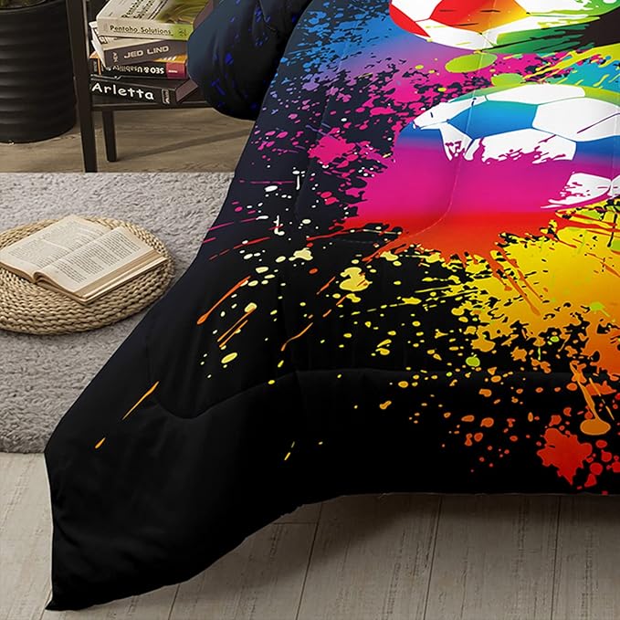 Bodhi Boys Teen Comforter Set King,Soccer Comforter Set King,Boys Sports Comforter Set King,Rainbow Graffiti Football Bedding Set for Boys,Kids,Teens with Matching Pillowcases