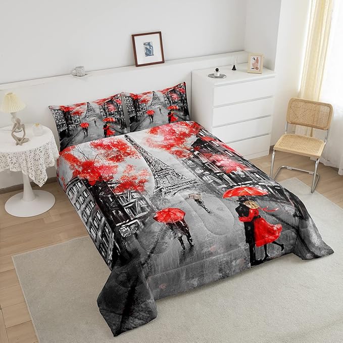 Red Paris Eiffel Tower Comforter Set Queen Size French Style Couple Lover Flower Bedding Sets For Girls Women Kids Quilted Duvet 1 Comforter + 2 Pillow Cases Romantic Bedroom Decor, Grey Black