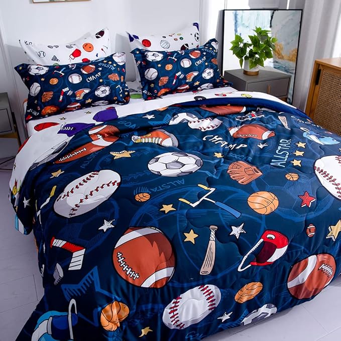 Wajade Sports Comforter Set Bed in A Bag Twin Size 7 Piece 3D Soccer Basketball Baseball Football Bedding Set for Kids Boys (1 Comforter, 1 Flat Sheet, 1 Fitted Sheet, 2 Pillowcase and 2 Pillow Sham)